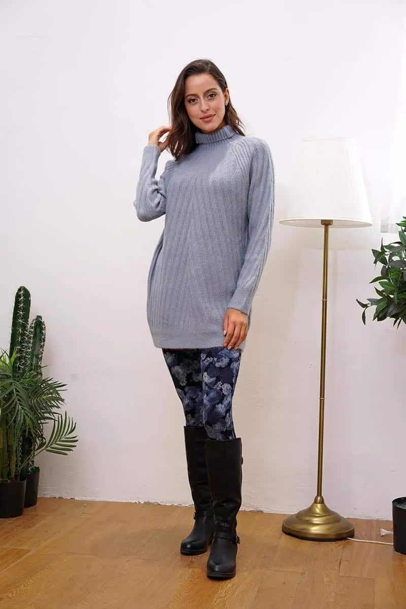 Textured Lines Soft Knit Roll Neck Tunic Sweater