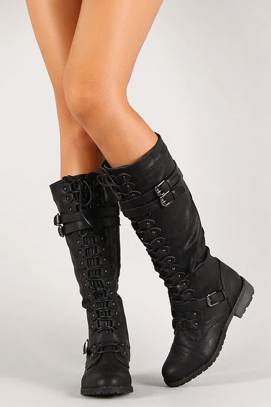 Triple Buckle Lace Up Knee High Boot