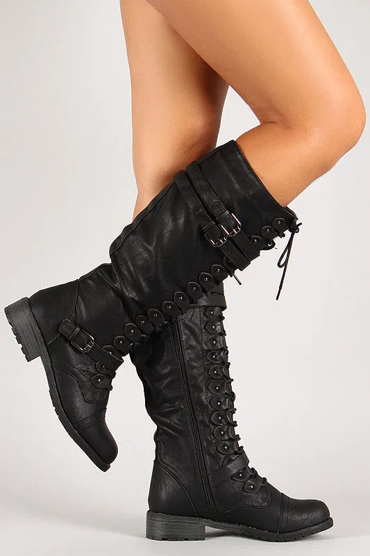 Triple Buckle Lace Up Knee High Boot