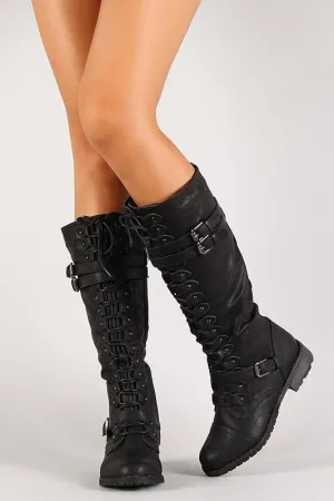 Triple Buckle Lace Up Knee High Boot