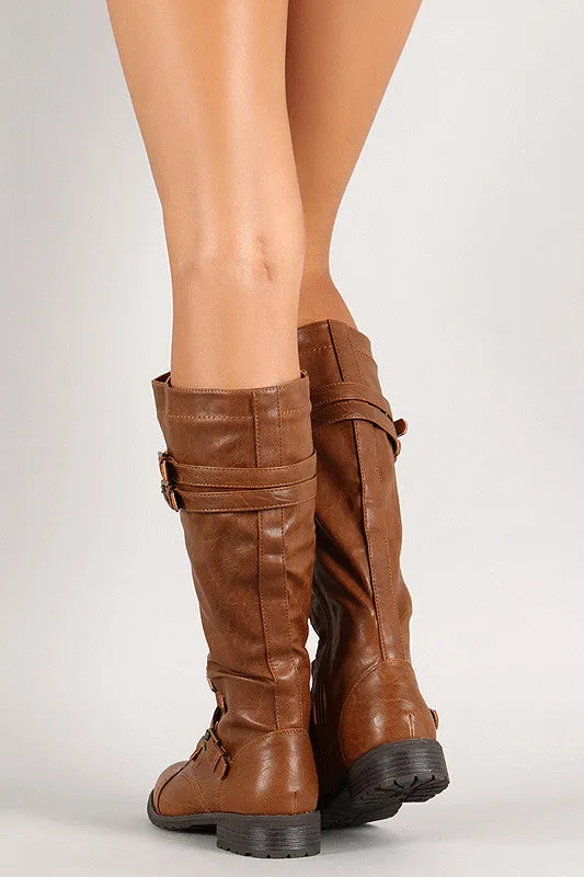 Triple Buckle Lace Up Knee High Boot